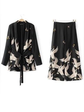 Black Crane Suit Set with Coat & Wide-leg Trouser | Large